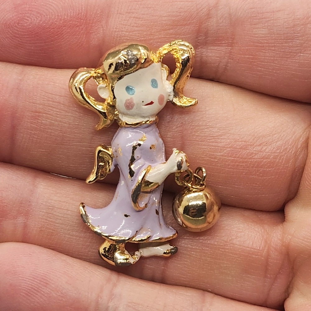 VTG Beatrix Angel Brooch Pin Goldtone Multicolor Rhinestones Dangle Charm Signed